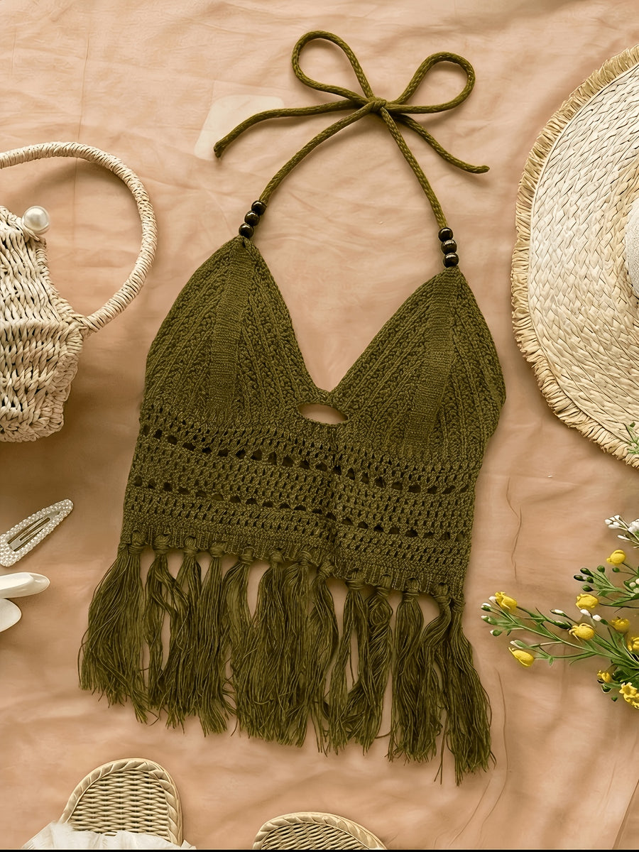 Spring Summer New Women'S Vacation Style Crochet Halter Top Solid Color Tassel Trim Hollow Out Beach Top, Bohemian Style, Date Outing, Valentine'S Day Gift, Music Festival Outfit, Mother'S Day, Beach Vacation [ASD1] - Olive