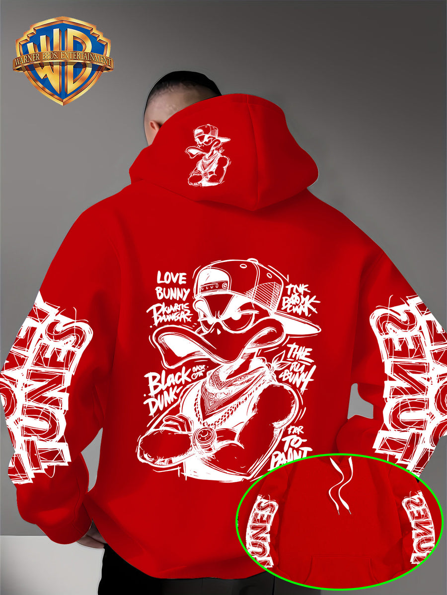 Dark Duffy Duck Pattern Print - Men'S Fashion Hoodie Sweatshirt, Trendy Sleeve Print Design, Suitable for Multi-Style Daily Wear Pullover, Soft And Delicate Touch, Helping You Be Comfortable And Stylish, Easily Mastered for Campus, Commuting - Red