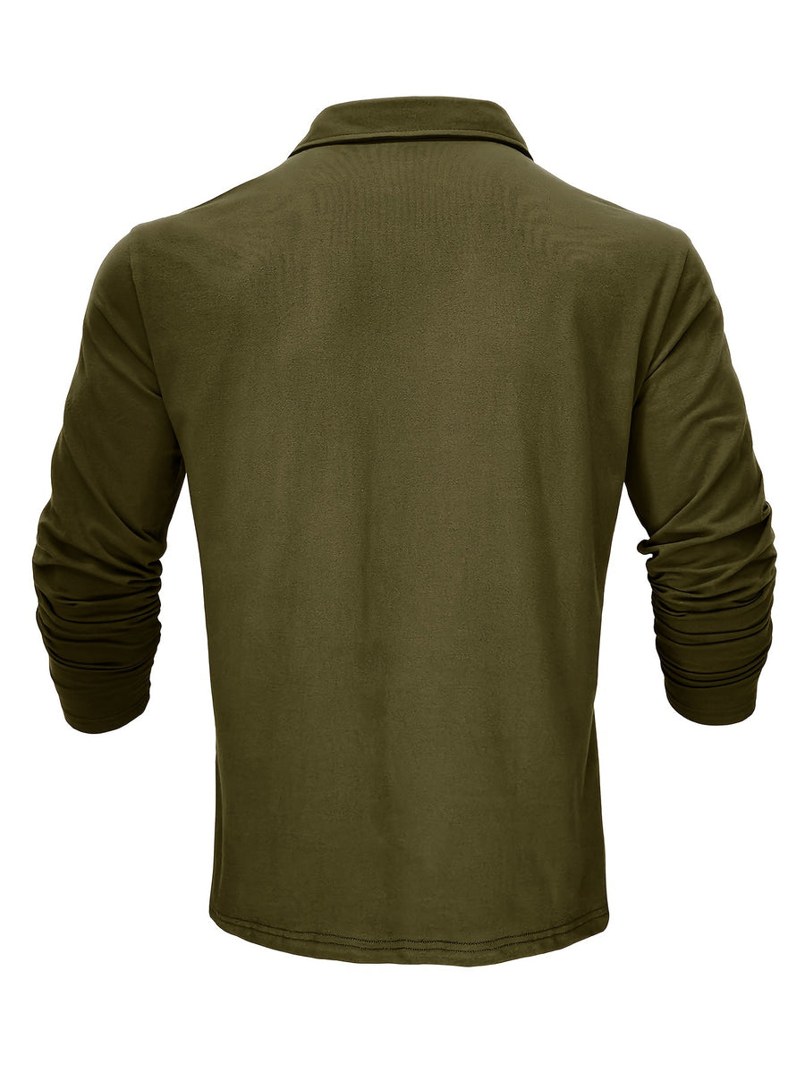New Style Lapel European And American Style Men'S T-Shirt, Solid Color, Cross-Border Foreign Trade Men'S Long-Sleeve Polo Shirt - Olive Green