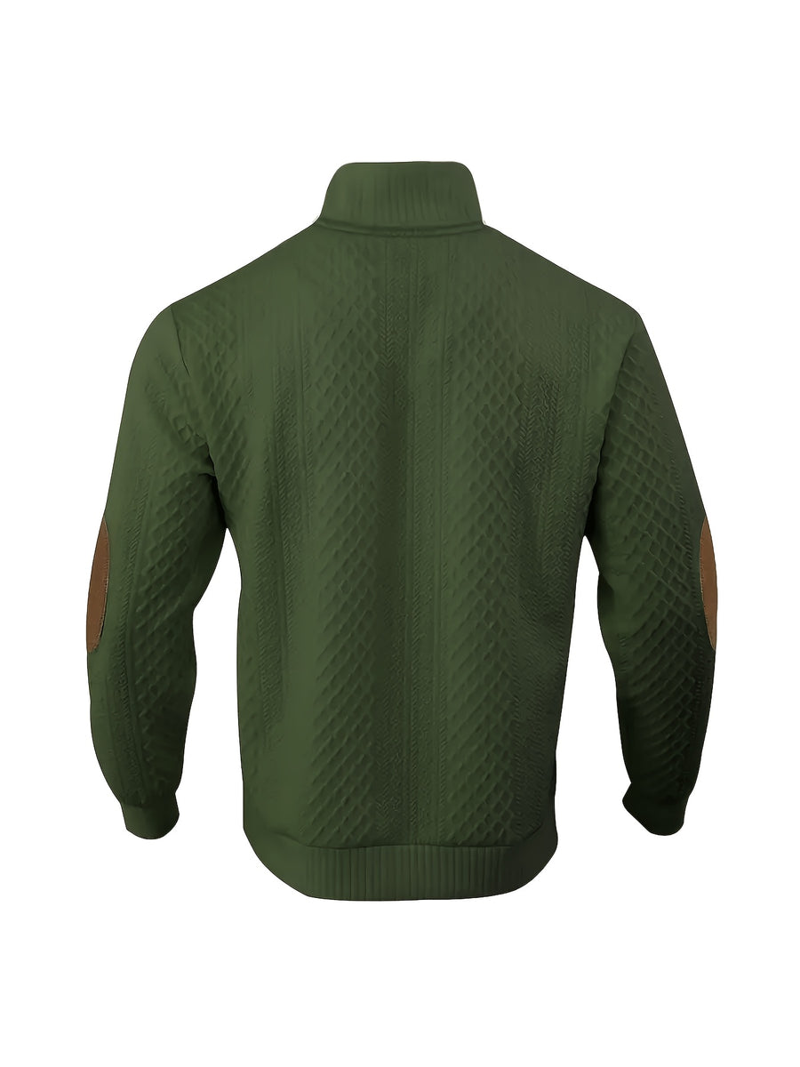 Men'S Casual Sports Sweater, Knit Sweater, American Casual Textured Diamond Knit Top, Men'S Stand Collar Contrast Color Button-Up Loose All-Match Retro Velvet Sweater Jacket, Autumn Winter Casual Sweater, Multi-Color Available - Military Green