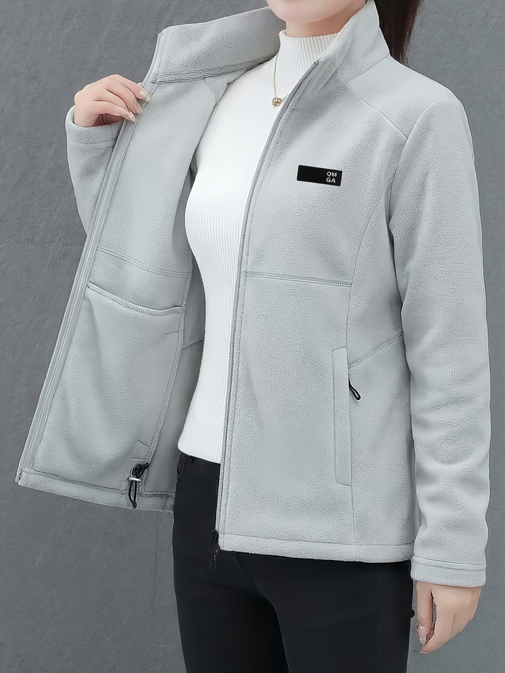 Autumn/Winter Women's Stand Collar Zipper Cardigan, Warm Jacket, Versatile Commuter Outdoor Top - Silvery Grey