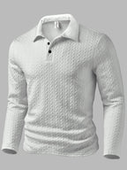 Men's Fashion Men's Top Autumn/Winter Textured Jacquard Fabric Lapel Single-Breasted Long Sleeve Men's Polo Shirt - White