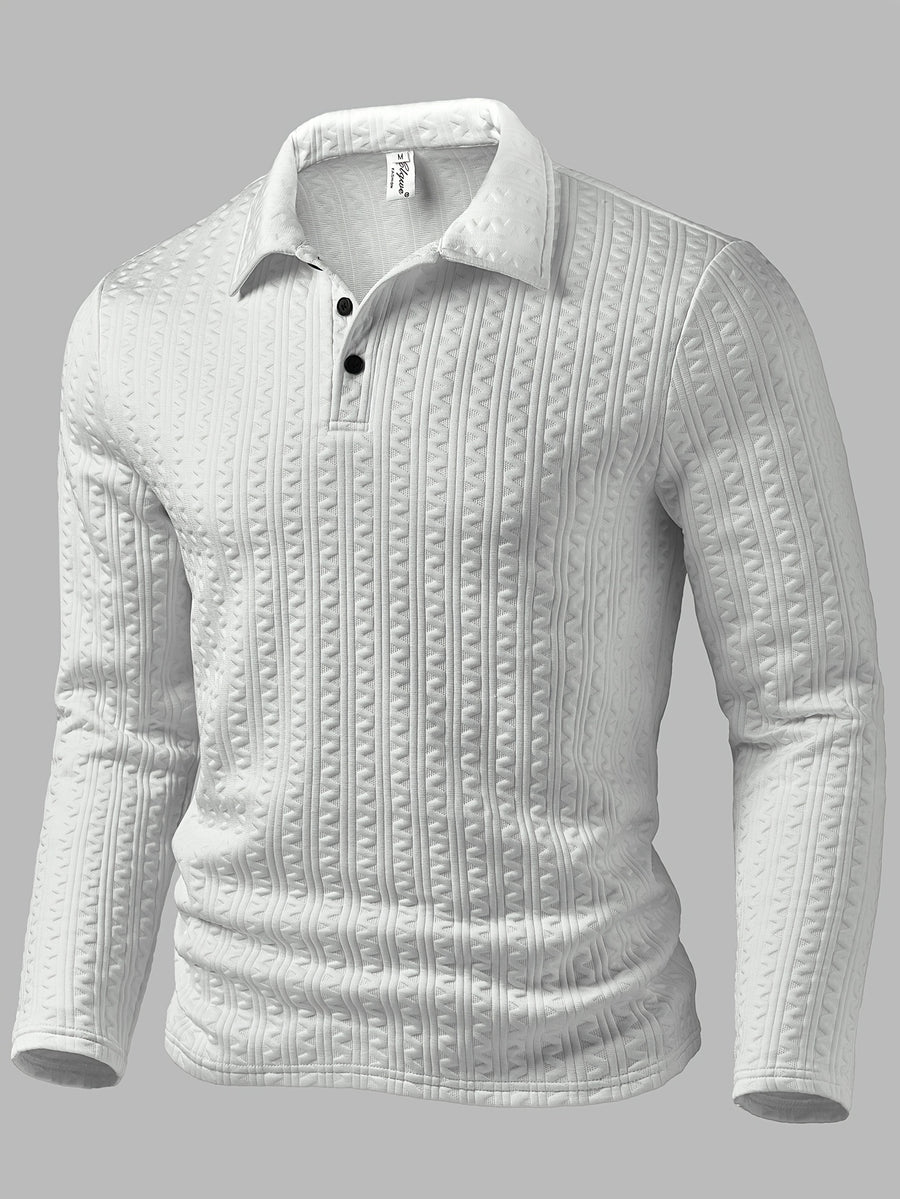 Men's Fashion Men's Top Autumn/Winter Textured Jacquard Fabric Lapel Single-Breasted Long Sleeve Men's Polo Shirt - White
