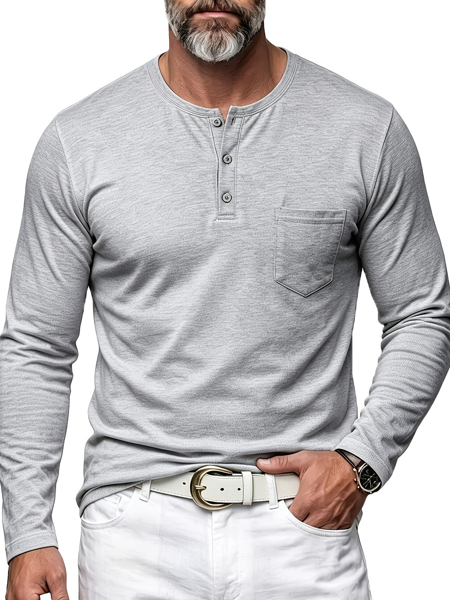 Men's Henley Neck Long Sleeve T-Shirt, Spring/Autumn Three-Button Casual Base Layer, Slim Fit Versatile Top with Left Chest Pocket - Light Grey