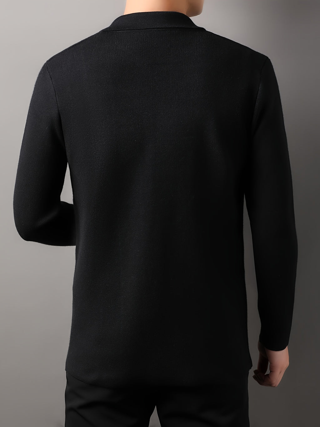 Xingfan Autumn/Winter Men's Line Embroidery Cardigan Long Sleeve Casual Lapel Knitted Outerwear - Black