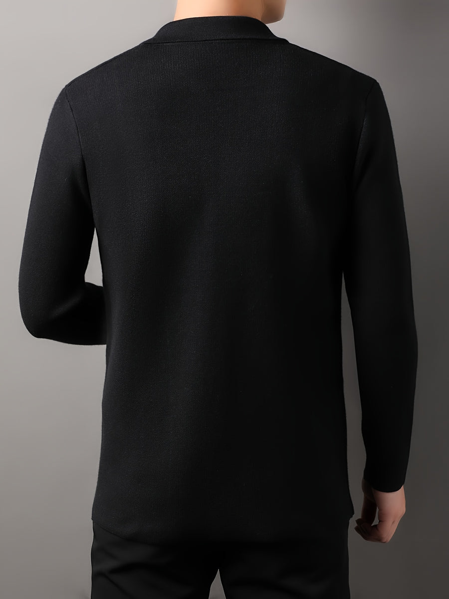 Xingfan Autumn/Winter Men's Line Embroidery Cardigan Long Sleeve Casual Lapel Knitted Outerwear - Black