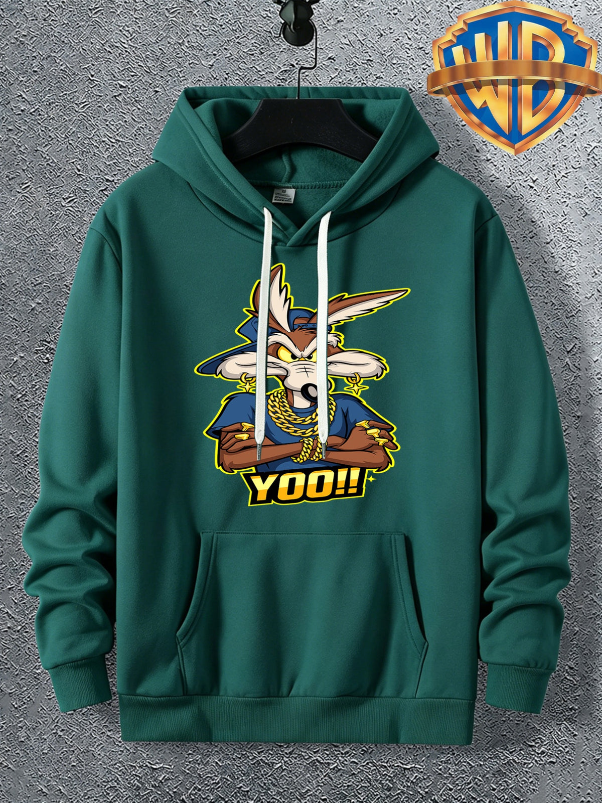 Warner Licensed Men'S Autumn Hooded Sweatshirt, Reinforced Ribbed Cuffs, Breathable Polyester Fabric, Hip-Hop Street Style Distorted Heart Wolf Pattern, Suitable for Retro Hip-Hop Outfits, Urban Trendy Men, Practical Kangaroo Pouch - Green