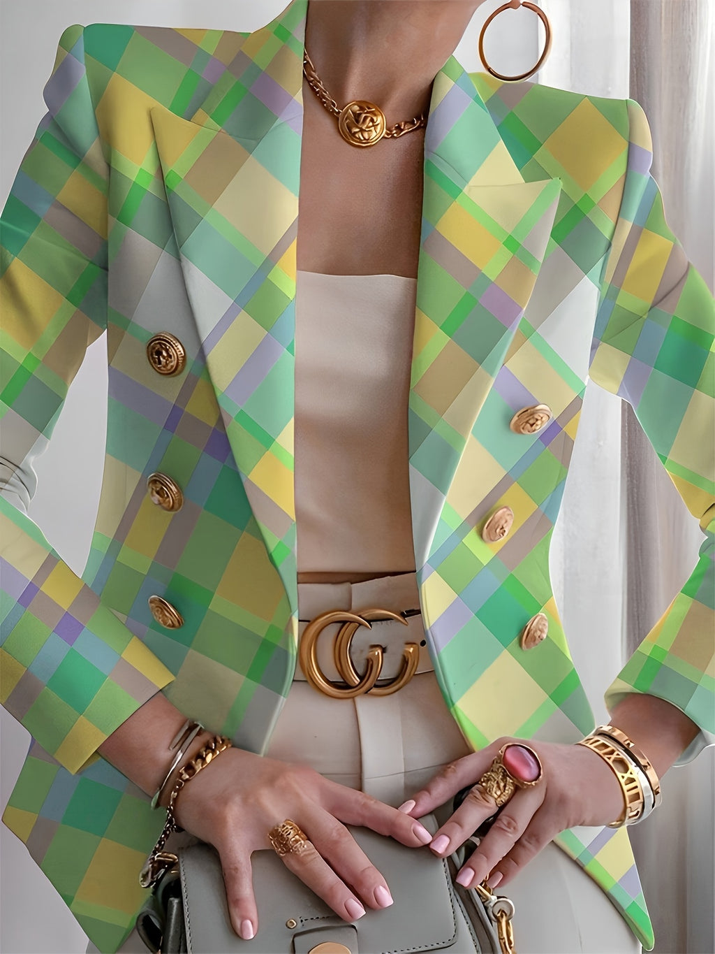 Directed Square Root) Ladies Fashion Elegant Plaid Slim Fit Suit Jacket - Light Green