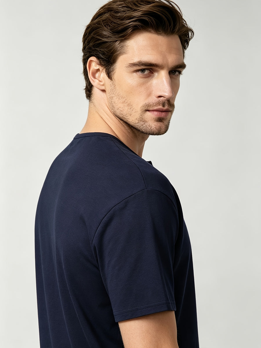 Short Sleeve T-Shirt Henley Collar Half-Open Round Neck Summer New Round Neck Solid Color Men'S Thin Top Athletic Short Sleeve Men'S Loose Plus Size Fitness Slim T-Shirt Henley Button-Up Collar Base Layer Training Trendy - Navy Color