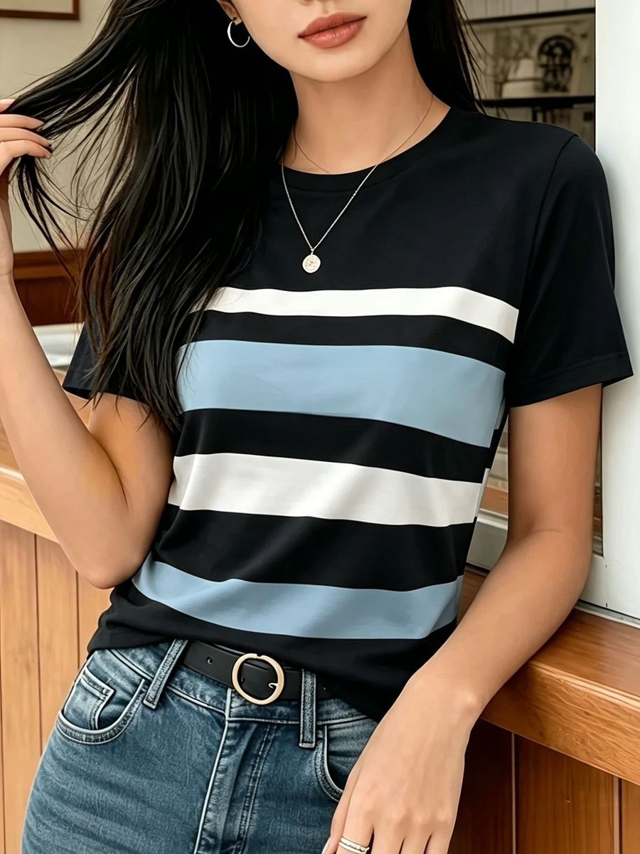 [Printed Design Texture] Women'S Korean-Style Blogger'S Colorful Striped T-Shirt, a Versatile Basic Short-Sleeve Top That Flatters The Figure And Is Suitable for All Body Types, a New Summer 2026 Model for Commuting And Casual Wear - Mixed Color 3