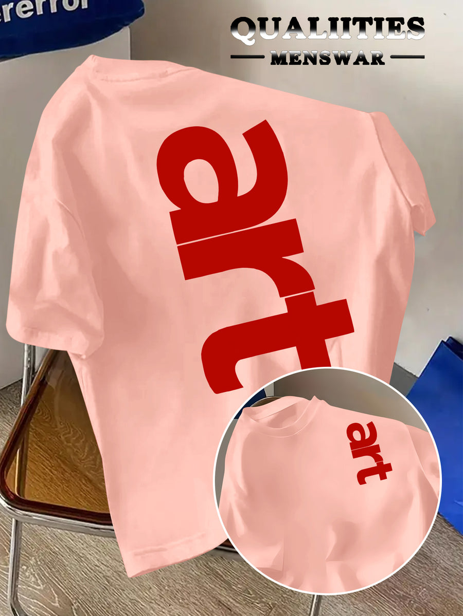 Men'S Fashion Short Sleeve T-Shirt, Minimalist Red Letter Pattern Print, Casual Regular Knit Tee, Suitable for Daily Wear, Couple Style, Unisex, Summer New Arrival, Versatile Style - Pink Color