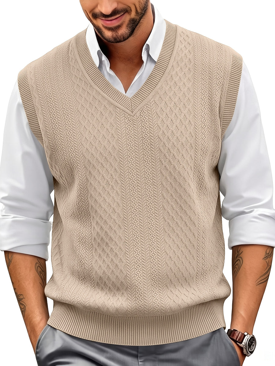 Xingfan OBM Men's Autumn/Winter Light Luxury New Ribbed V-Neck Cable Knit Vest, Rhombus Jacquard Sleeveless Sweater Cardigan, Business Gentleman's Layering Knit Top. Soft and Warm Knitted Fabric, Vintage Three-dimensional Cable Knit Rhombus Texture - Khaki