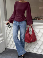 Women'S Solid Back Tie Flared Sleeve Blouse - Reddish Purple