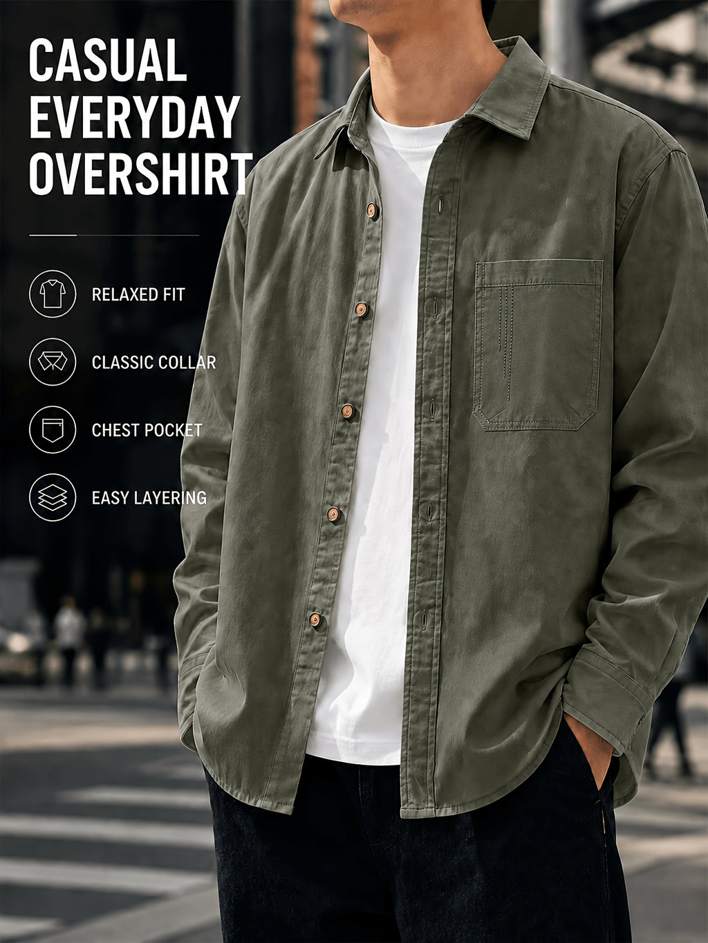 Men's Spring/Autumn Casual Long-Sleeve Shirt Jacket, Made with Skin-friendly Fabric That Is Comfortable and Breathable. Features a Classic Lapel Collar for a Neat and Structured Look, with a Chest Patch Pocket That Combines Storage with a Premium - Military Green