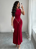 Summer Elegant Fashion Pearl Solid High-Neck Women'S Sleeveless Dress, Waist-Cinching Ruched Fishtail Long Dress, Temperament Evening Formal Gown - Burgundy
