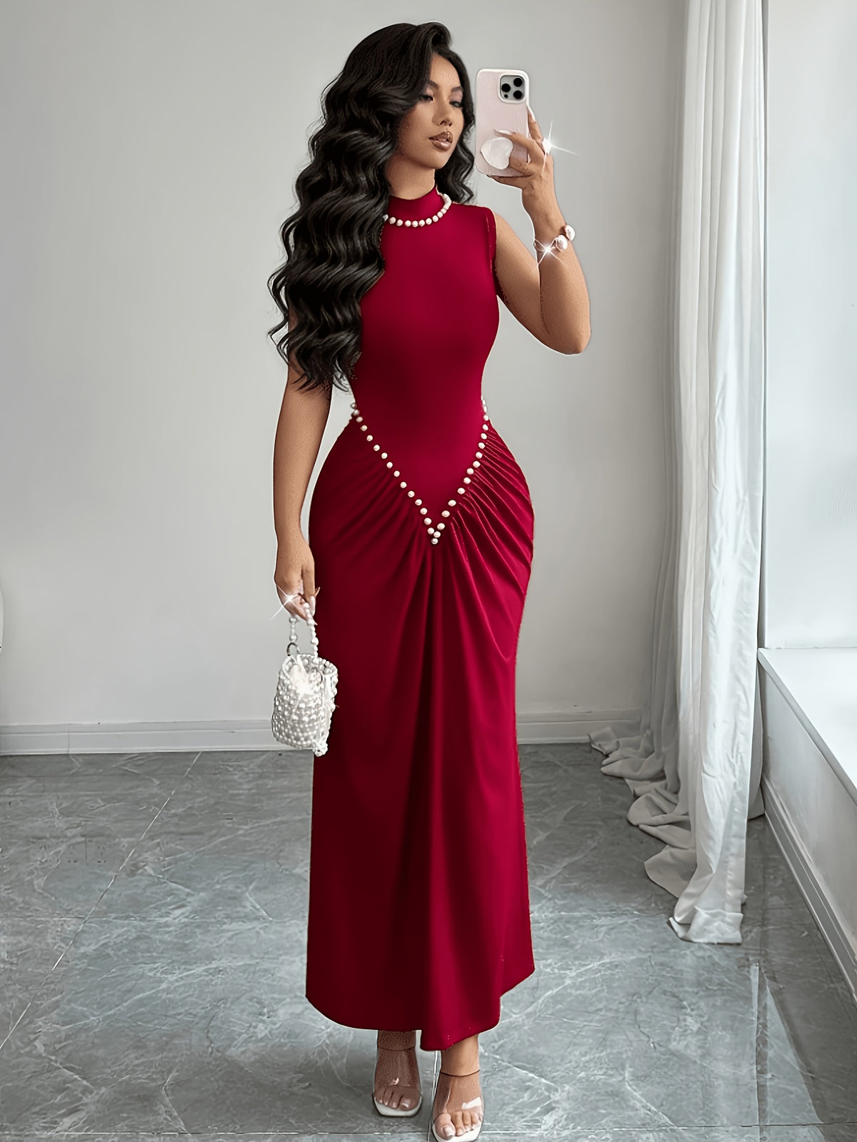 Summer Elegant Fashion Pearl Solid High-Neck Women'S Sleeveless Dress, Waist-Cinching Ruched Fishtail Long Dress, Temperament Evening Formal Gown - Burgundy