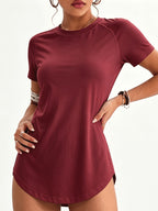 Mesh Panel Backless Athletic Top with Vertical Letter Print, Breathable Fitness Running Yoga Casual Versatile Short Sleeve T-Shirt for Women - Burgundy