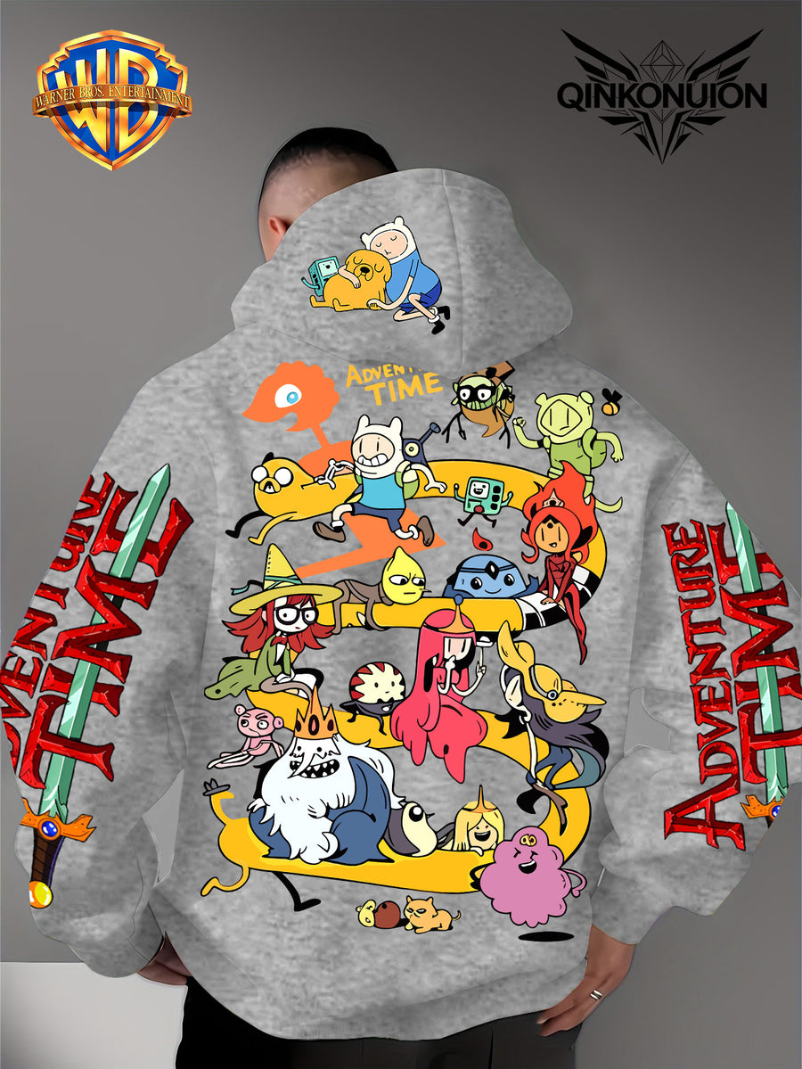 Warner Official Men's Hoodie, Adventure Treasure Full Character Gathering Adventure Print Design, Machine Washable, Warm and Casual for Autumn and Winter, Daily Drawstring Hoodie, Multifunctional Sports and Casual Loose Fit - Light Grey