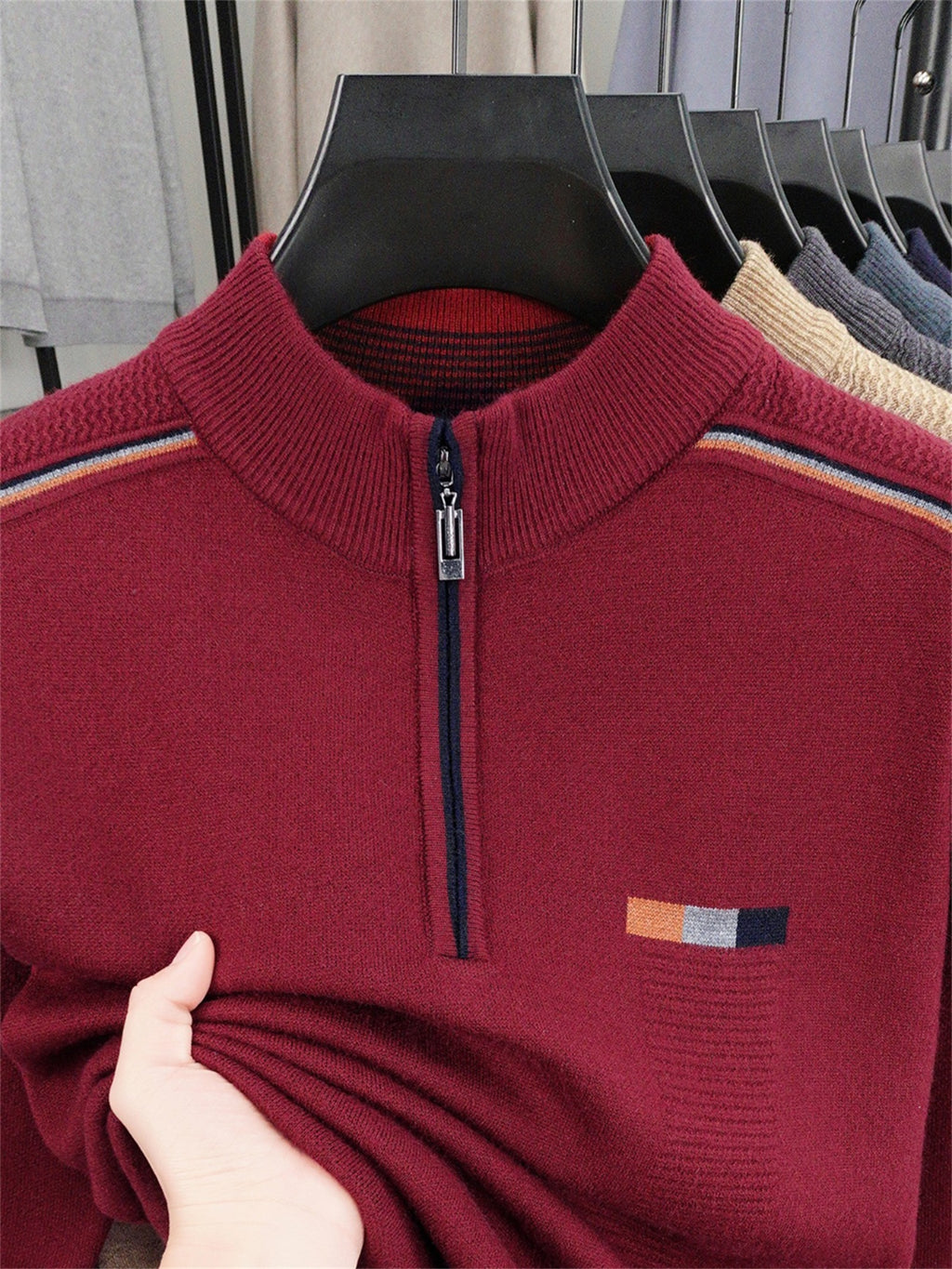 ZBZP Autumn Winter Knit 3D Solid Half-Zip Stand Collar Sweater, Basic Knit Pullover Top for Men, Fashionable Long Sleeve Sweater ZM - Burgundy