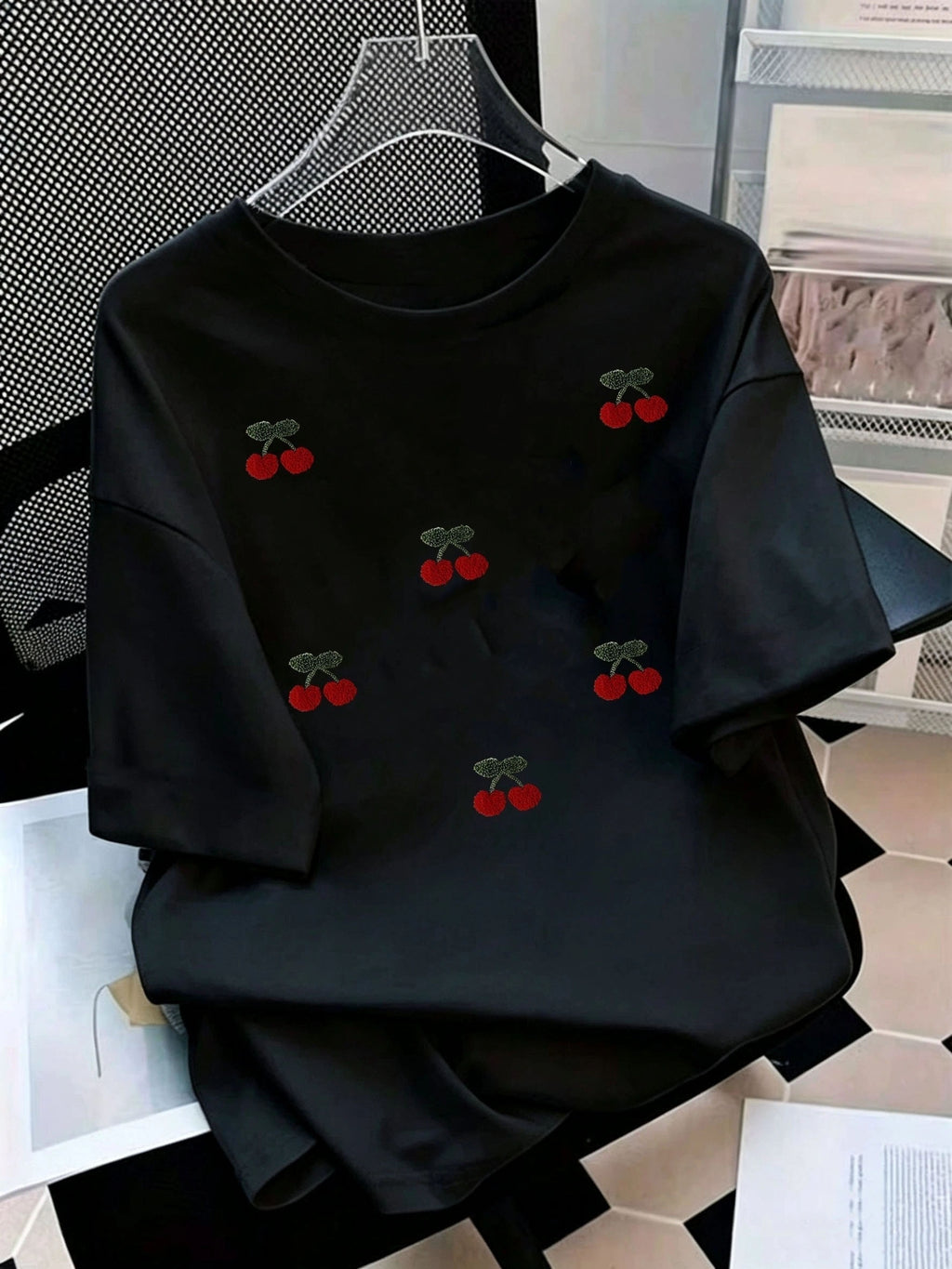 Women's Polyester Short Sleeve T-Shirt, Textured Red Cherry Printed Casual Top, Multiple Sizes Available, Comfortable Lightweight Summer Tee, Perfect for Daily Casual Wear & Outdoor Outings - Black
