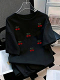 Women's Polyester Short Sleeve T-Shirt, Textured Red Cherry Printed Casual Top, Multiple Sizes Available, Comfortable Lightweight Summer Tee, Perfect for Daily Casual Wear & Outdoor Outings - Black