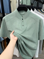 Men's New Summer Casual Stand Collar T-Shirt, Simple and Stylish Thin Breathable Versatile Short Sleeve Tee - Green