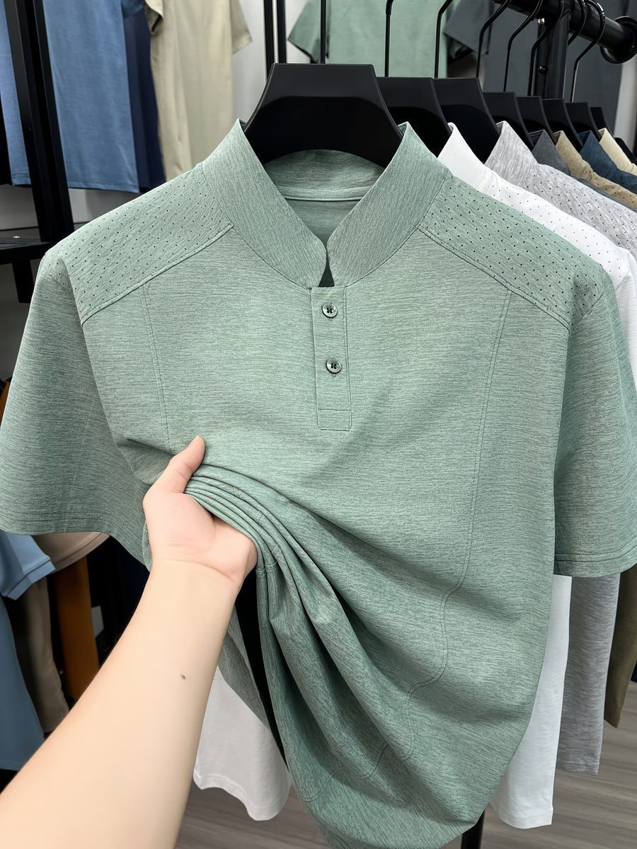Men's New Summer Casual Stand Collar T-Shirt, Simple and Stylish Thin Breathable Versatile Short Sleeve Tee - Green