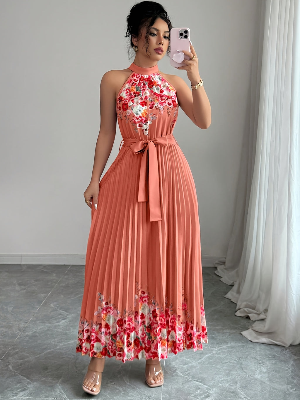 Fashionable New Women'S Summer Halter Floral Print Pleated Dress - Watermelon Red