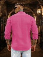 Men's Solid Color Casual Stand Collar Button- Long Sleeve Shirt. The Solid-colored Fabric Offers a Comfortable Feel, Making It a Great Gift for a Husband or Boyfriend for Home, Outings, Travel, and Beach Vacations. Men's Long Sleeves, Men's Tops - Red