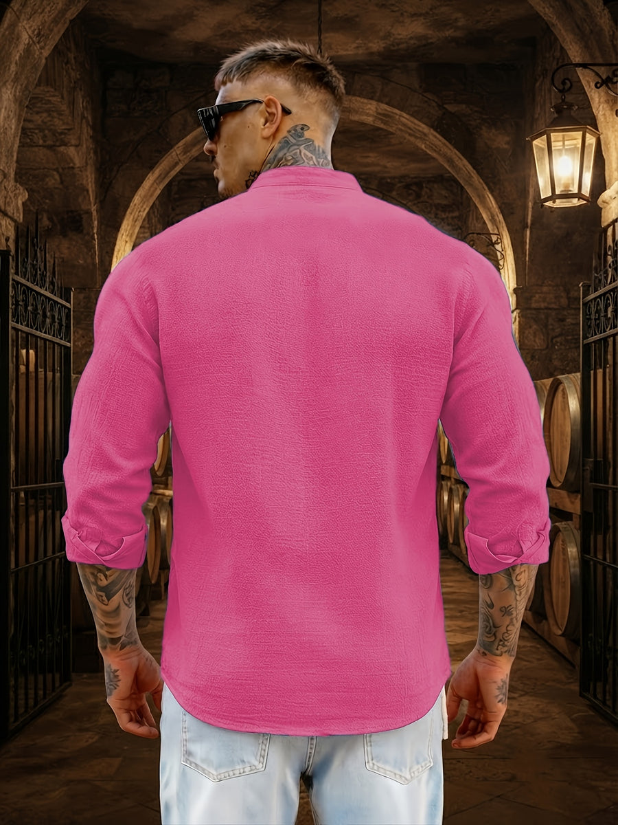 Men's Solid Color Casual Stand Collar Button- Long Sleeve Shirt. The Solid-colored Fabric Offers a Comfortable Feel, Making It a Great Gift for a Husband or Boyfriend for Home, Outings, Travel, and Beach Vacations. Men's Long Sleeves, Men's Tops - Red