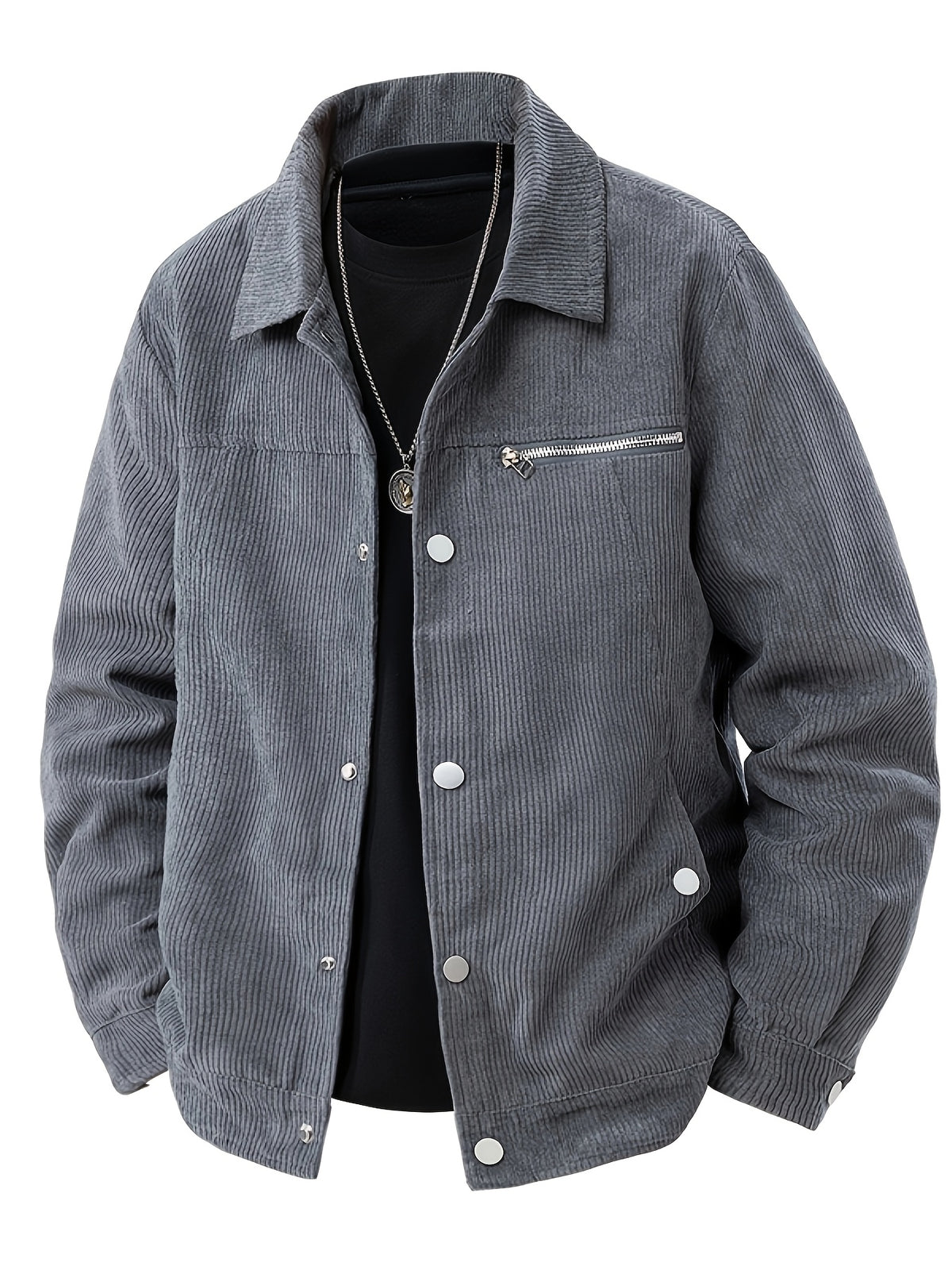Men'S Corduroy Collar Utility Jacket, Spring Autumn Casual Wear Choice; Lapel Button-Up Cardigan, Outdoor Sports Citywalk Street Commute Versatile Top, Suitable for Street Casual Commute Daily Wear; Retro Fit Timeless Premium - Dark Gray