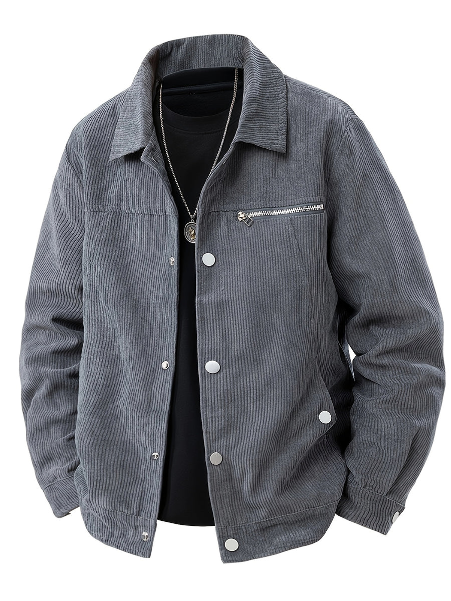 Men'S Corduroy Collar Utility Jacket, Spring Autumn Casual Wear Choice; Lapel Button-Up Cardigan, Outdoor Sports Citywalk Street Commute Versatile Top, Suitable for Street Casual Commute Daily Wear; Retro Fit Timeless Premium - Dark Gray
