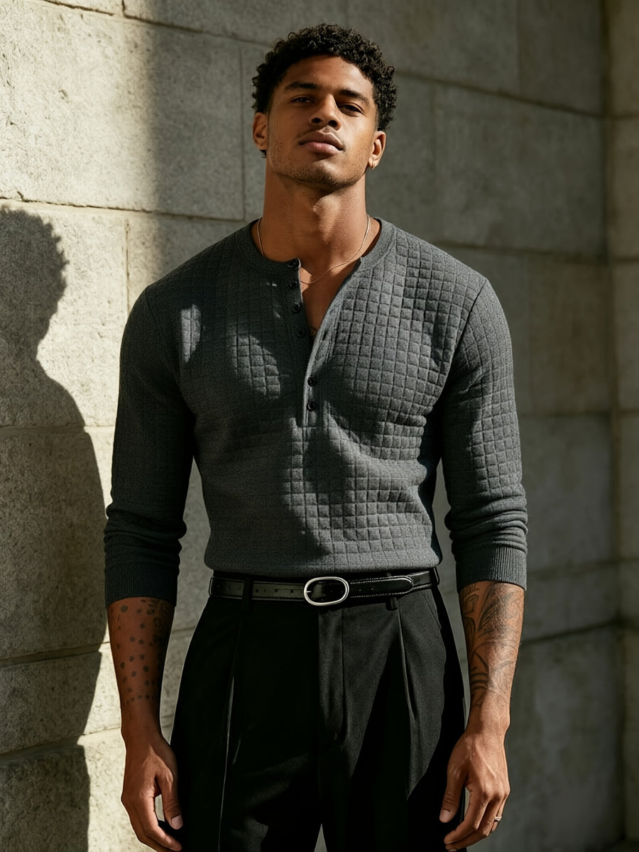 [Josh Mei OBM] Fall/Winter New Men'S Plaid Jacquard Knit Henley Pullover Shirt, Half-Button Placket Geometric Texture Long Sleeve Top, Soft Stretch Fabric, Slim Fit Versatile Casual Fashion Modern Street Style, Suitable for Commuting, Dates - Dark Gray