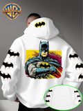 Men'S Hooded Sweatshirt, Batman Classic Image Print, Large Heroic Pattern on Back, Multiple Bat Logos on Sleeves, Exclusive Bat Emblem on Back of Hood, Trendy Street Style Design, Rich Details with Strong Visual Impact - White