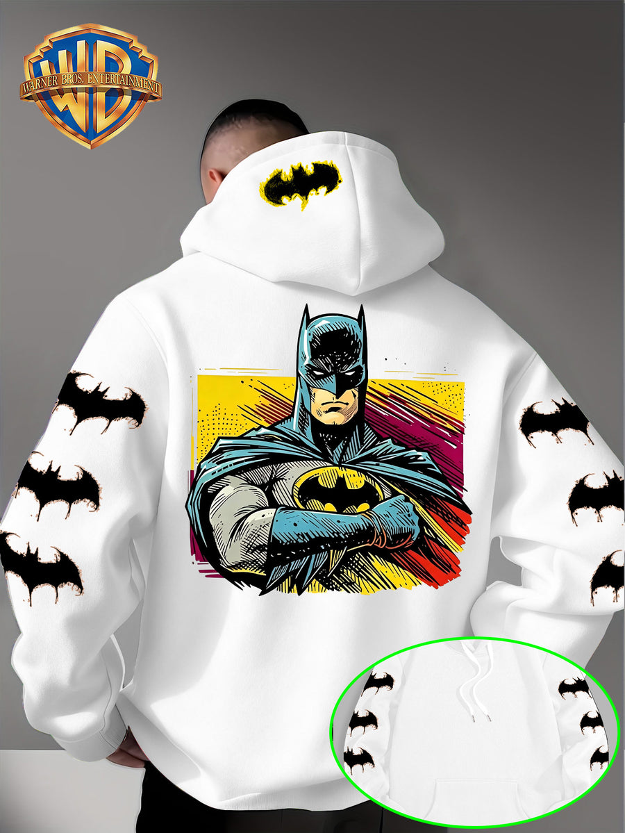 Men'S Hooded Sweatshirt, Batman Classic Image Print, Large Heroic Pattern on Back, Multiple Bat Logos on Sleeves, Exclusive Bat Emblem on Back of Hood, Trendy Street Style Design, Rich Details with Strong Visual Impact - White