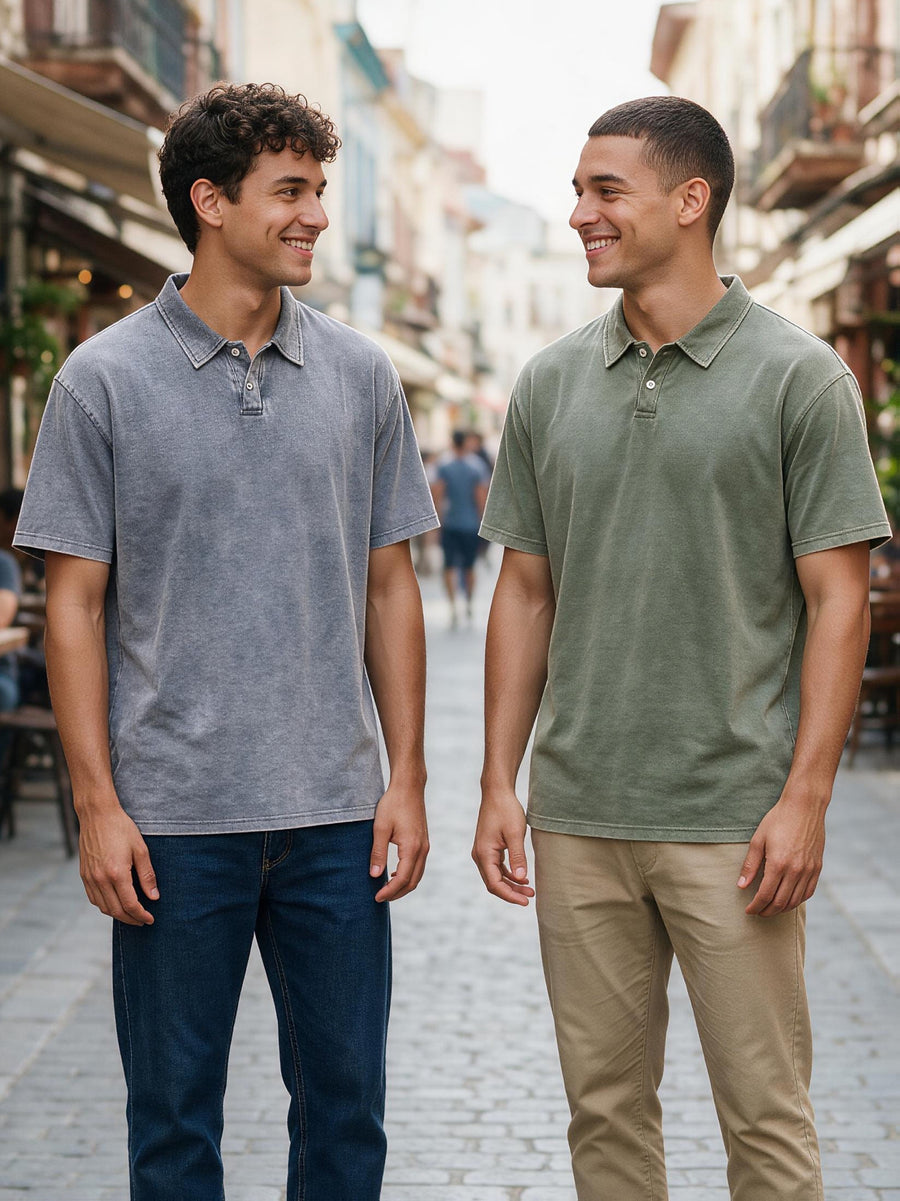 Two-pc More Cost-Effective Heavyweight Combed Pure Vintage Washed Distressed Polo Shirt for Men, Loose Fit Casual Short Sleeve Lapel, Latin American Style Daily Versatile Button-Up Top, Business Casual Commuter Lapel T-Shirt - Gray Army Green