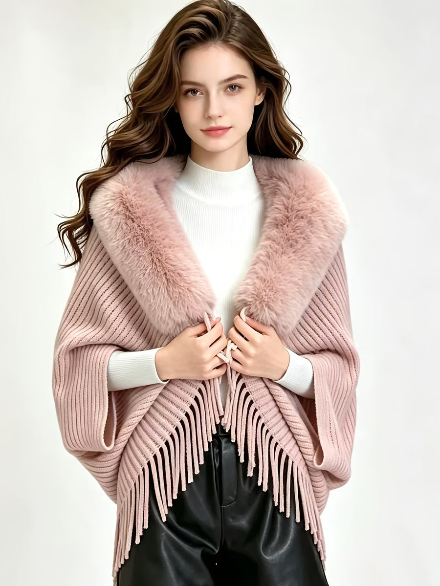 Women'S Cardigan, Autumn Winter Fashion Faux Tassel Cape Scarf Jacket - Lightweight Warm Outerwear for Parties, Office, Casual Wear - Elegant Autumnal Accessory, Trendy Scarf, Office Essential, Holiday Gift - Pink Color