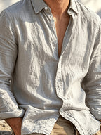 Single Piece Summer Men's Cotton and Cotton And Linen Blend Long Sleeved Shirt, 26 Year Fashionable and Simple Style, Loose Fit, Button up Cardigan Versatile Design, Soft and Breathable Fabric, Preferred for Daily Leisure Commuting - Grey
