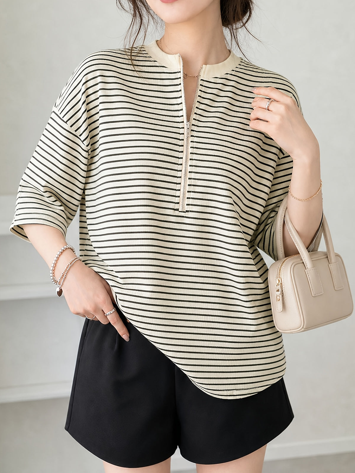 Spring Summer Women'S Fashion Half-Zip Stand Collar Ribbed Fabric Easy Casual Style Daily Commute Top - Apricot