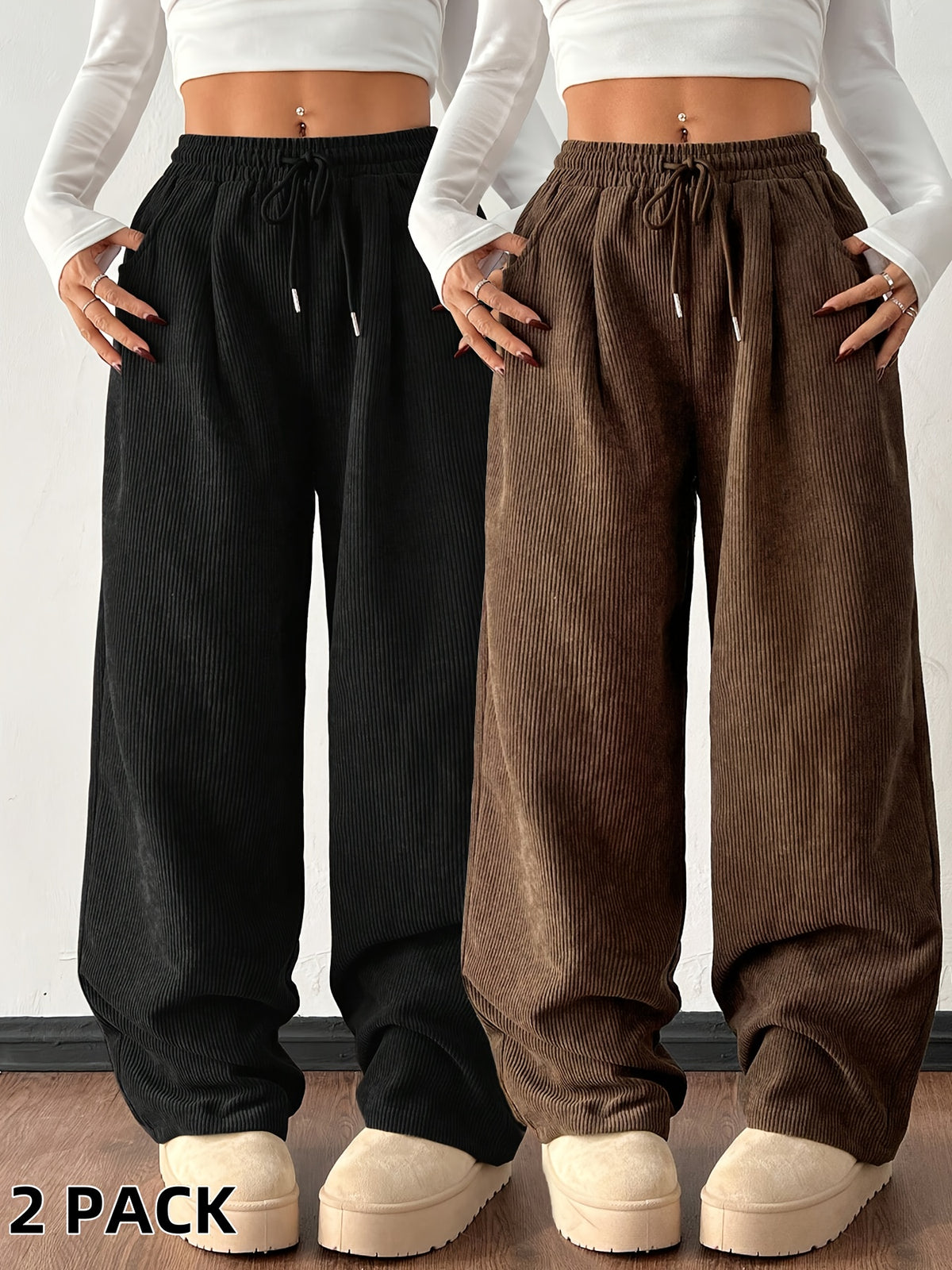 2-Pack Corduroy Wide-Leg Pants for Women, High-Waisted Drawstring Casual Pants with Drape, Black and Brown, Two Pairs NS702 - Dark Brown+Black
