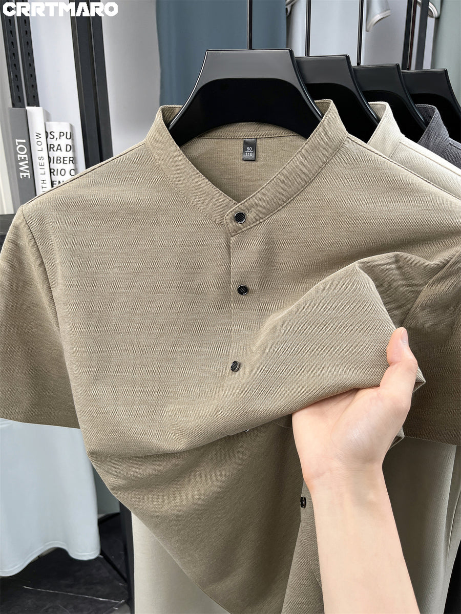 Kartmar CRRTMARO Summer New Chinese Stand-Up Collar Shirt Men'S Short Sleeve High-End Mandarin Collar Dress Shirt Business Casual Men'S Top Tiamai - Khaki