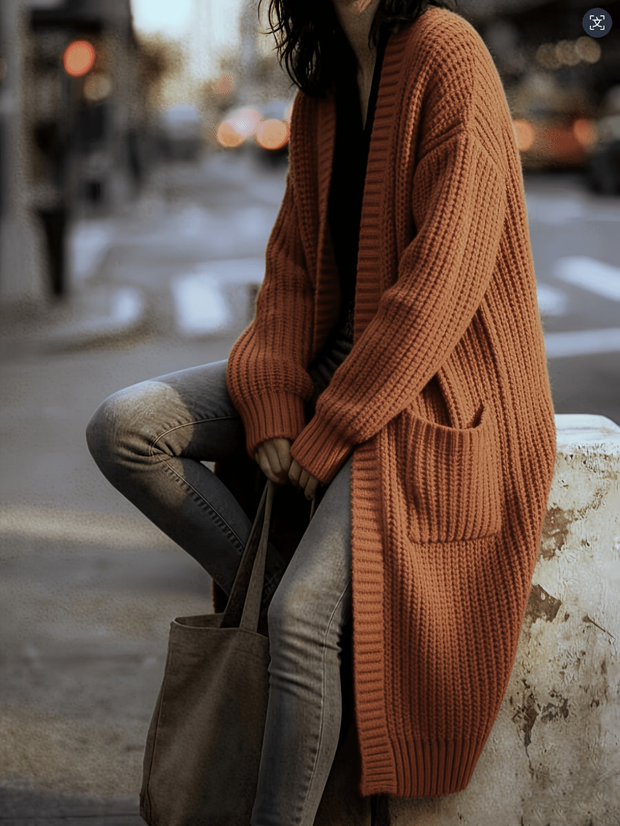 Women'S Solid Color Cardigan Sweater, Casual Long Sleeve Open Front Cardigan - Rust