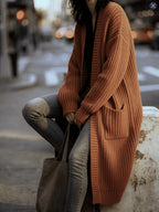 Women'S Solid Color Cardigan Sweater, Casual Long Sleeve Open Front Cardigan - Rust
