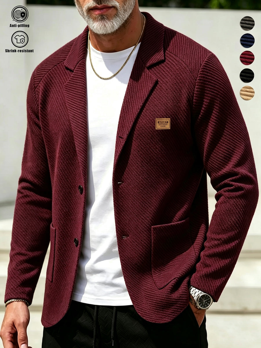 Men'S Spring Autumn New Pinstripe Textured Fabric Blazer Collar Cardigan Single Button Double Pocket Business Casual All-Match Long Sleeve Jacket, Knit Soft Comfortable Fashion Solid Color Outerwear Suitable for Daily Outings, Dates, Holidays - Burgundy
