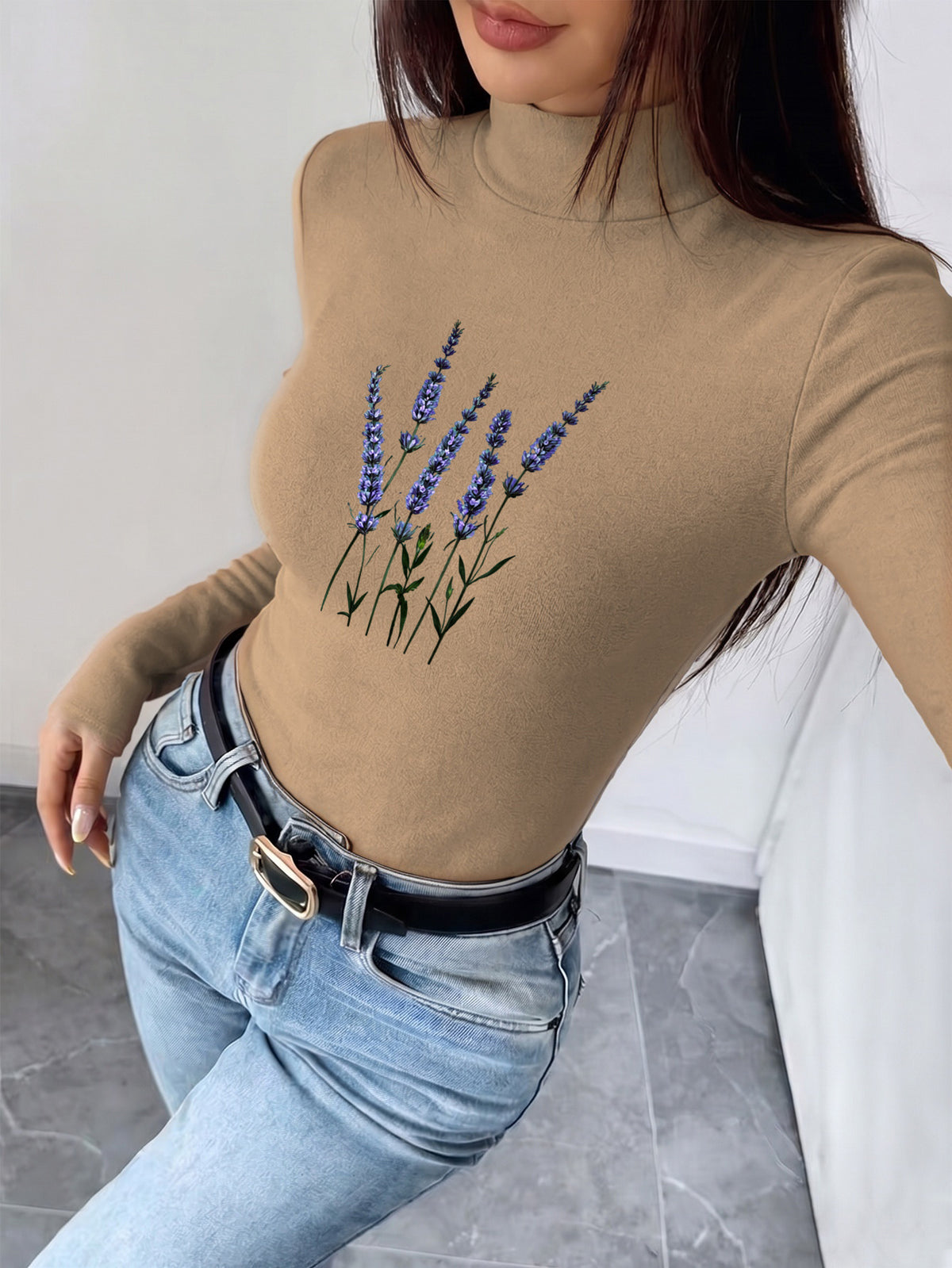 Women's New Autumn/winter Half-high Neck Slim-fit Top, Can Be Worn as an Inner Layer or Outerwear, Made of Stretchy Fabric That Is Soft, Skin-friendly, and Warm, with a Simple Waist-cinching Design, Versatile for Casual Attire "lavender Flowers - Khaki