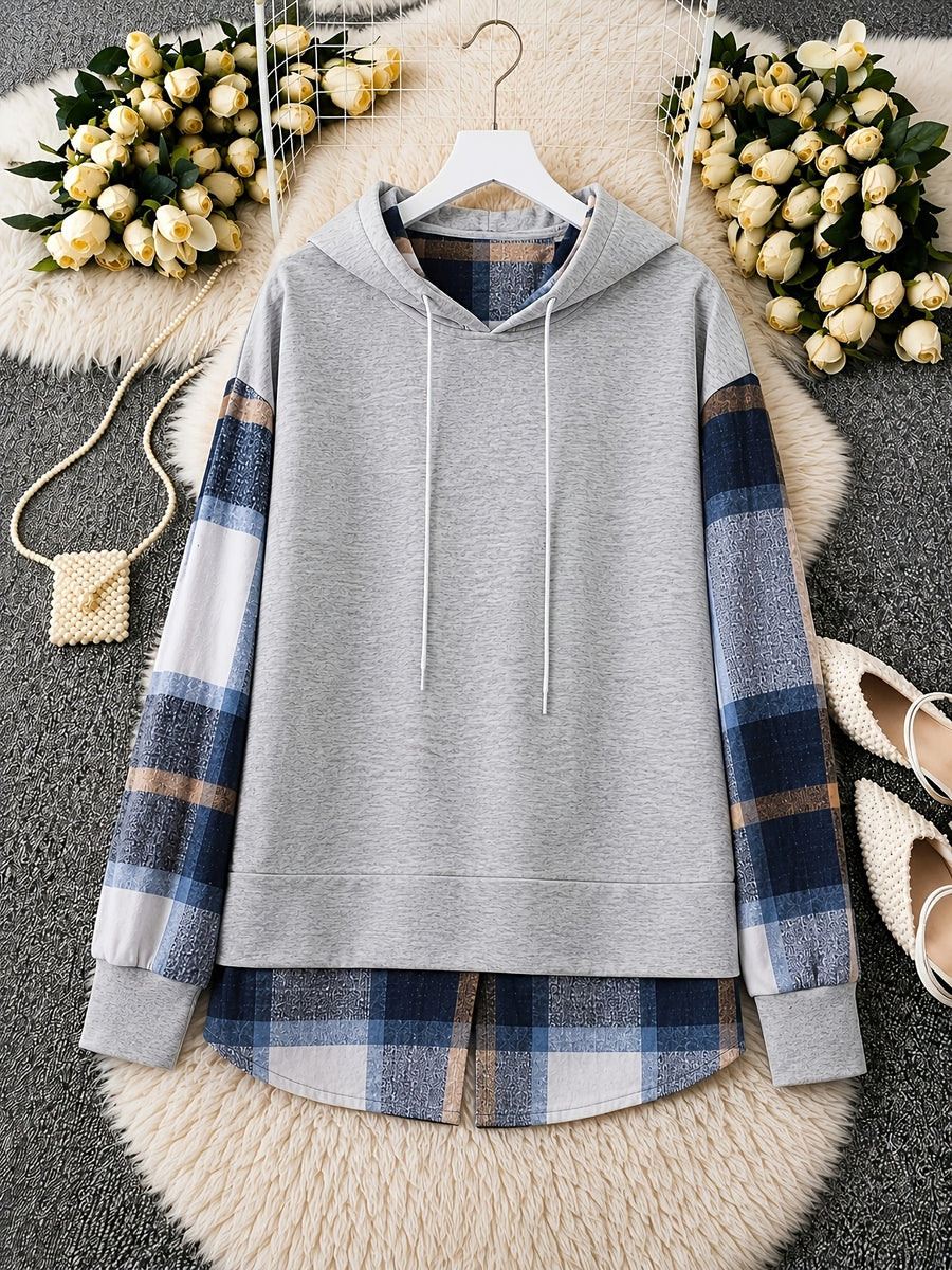 2026 High-Quality Fashionable and Elegant Plaid Hooded Sweatshirt with Gray Plaid Design, Plaid Collar, Plaid Cuffs, and Ribbed Pattern. Lightweight, Soft, and Skin-Friendly for Spring and Autumn. Stylish and Chic Knitwear - Space Gray