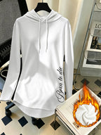 Mid-Length Hooded Sweatshirt for Women, Loose Hip-Covering Letter Print Drawstring Pullover Top - White