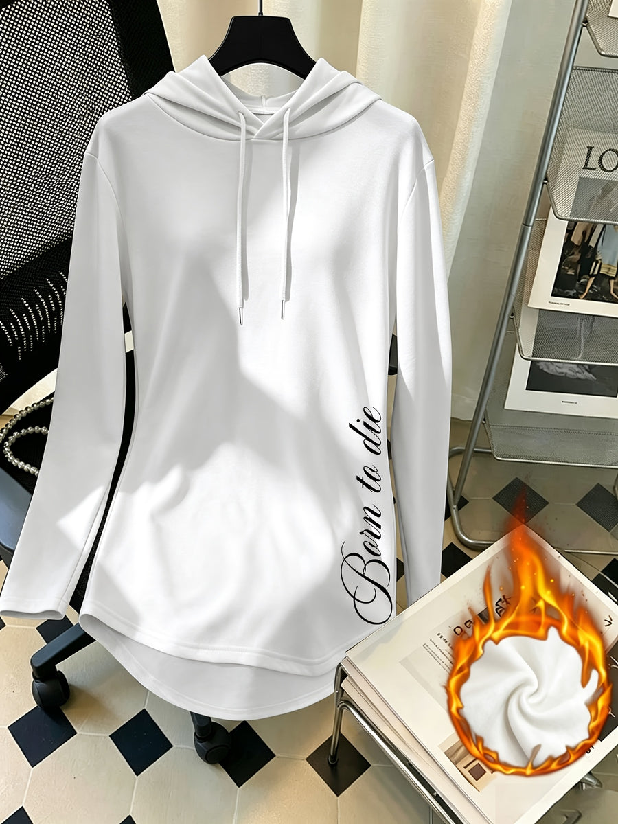 Mid-Length Hooded Sweatshirt for Women, Loose Hip-Covering Letter Print Drawstring Pullover Top - White