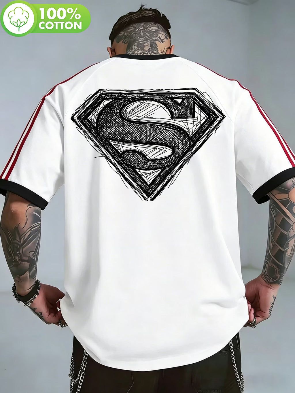 WB Warner Bros. Authentic New Men's Raglan Double-Stripe 100% Pure Cotton T-Shirt, Featuring a Hand-Drawn Draft-Style Superman Core Emblem Print with Distressed Thread Design. A Versatile Casual Cotton Tee for Men, Suitable for Daily Wear and Outdoor - White