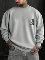 Men'S Fall Winter Top Fashion Japanese Print Fleece Round Neck Sweatshirt, Versatile Athletic Casual Style Loose Drop Shoulder Wide Fit Pullover Round Neck Sweater XZ054-S - Grey
